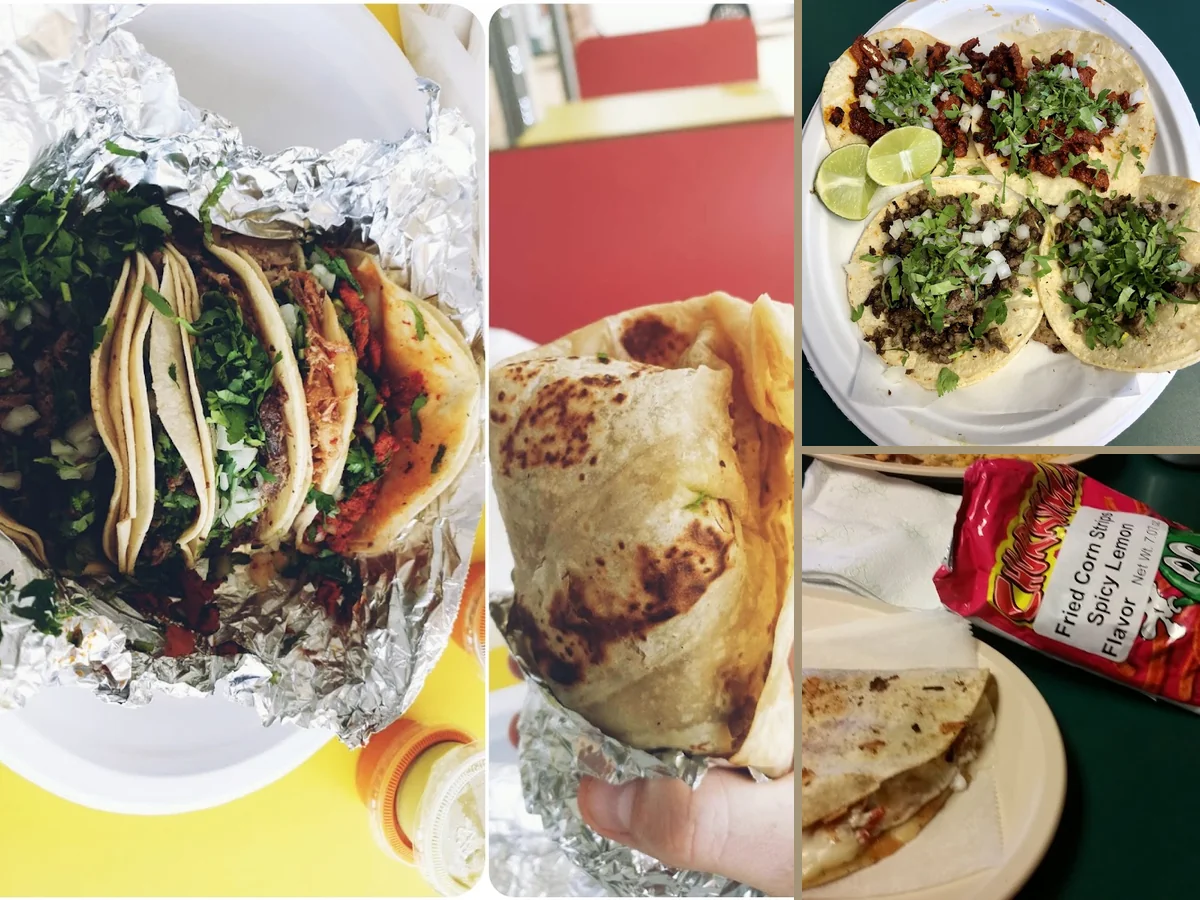 Colorful taco plates on a restaurant table.