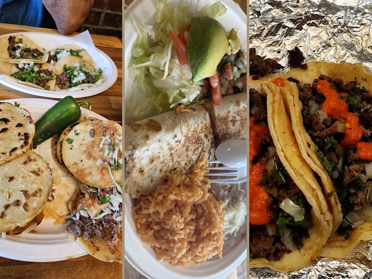 Outdoor seating beside a casual taqueria.