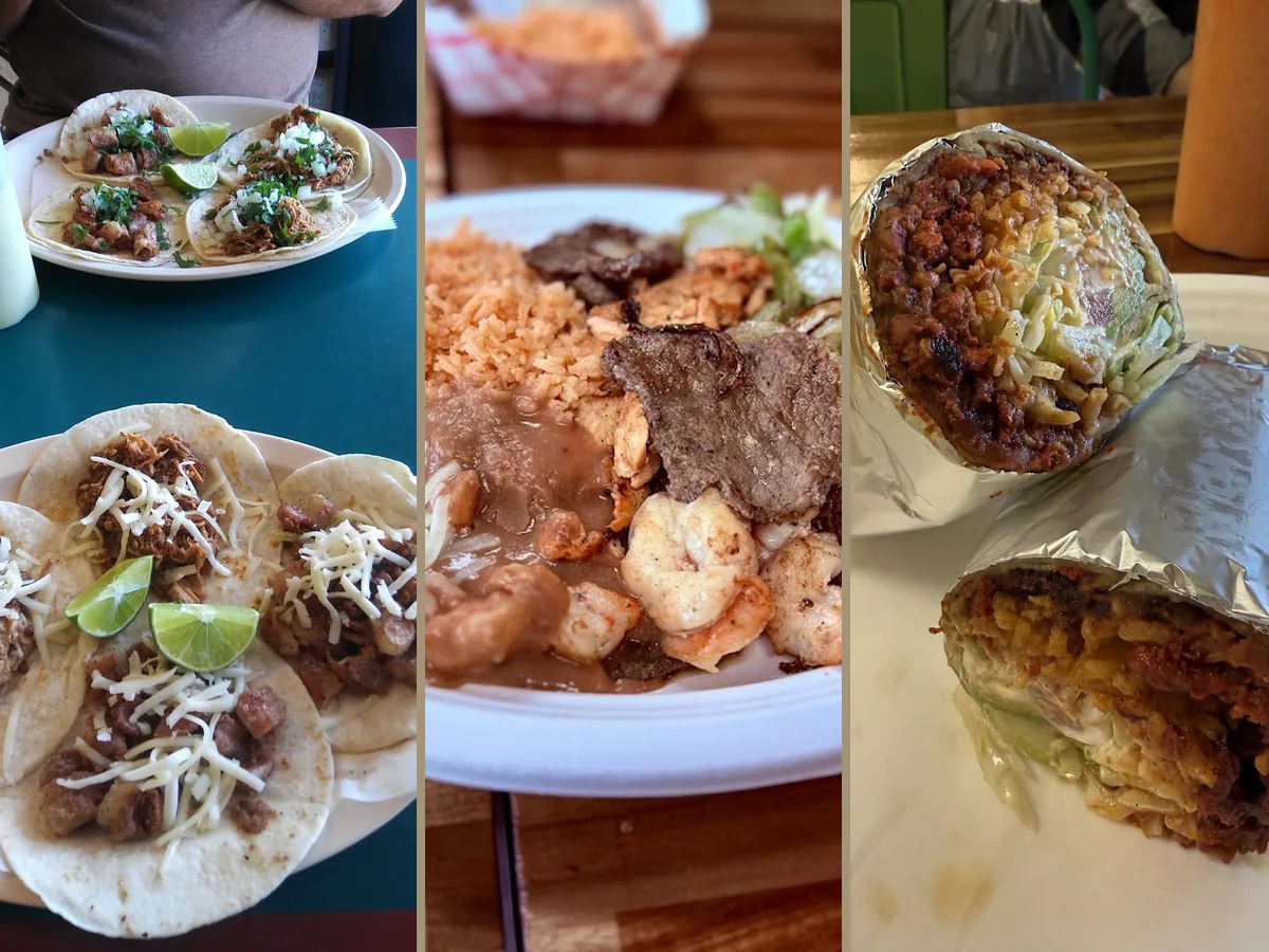 Colorful taco plates on a restaurant table.